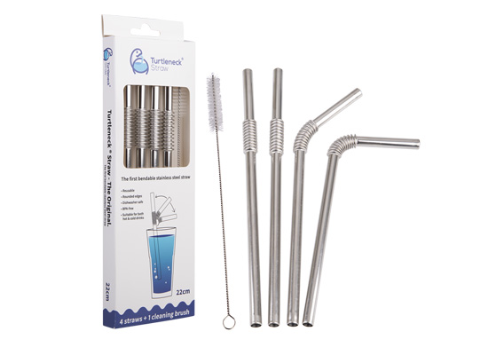 Turtleneck Straw Stainless Steel Flexible Straws Set 4 W/ Brush